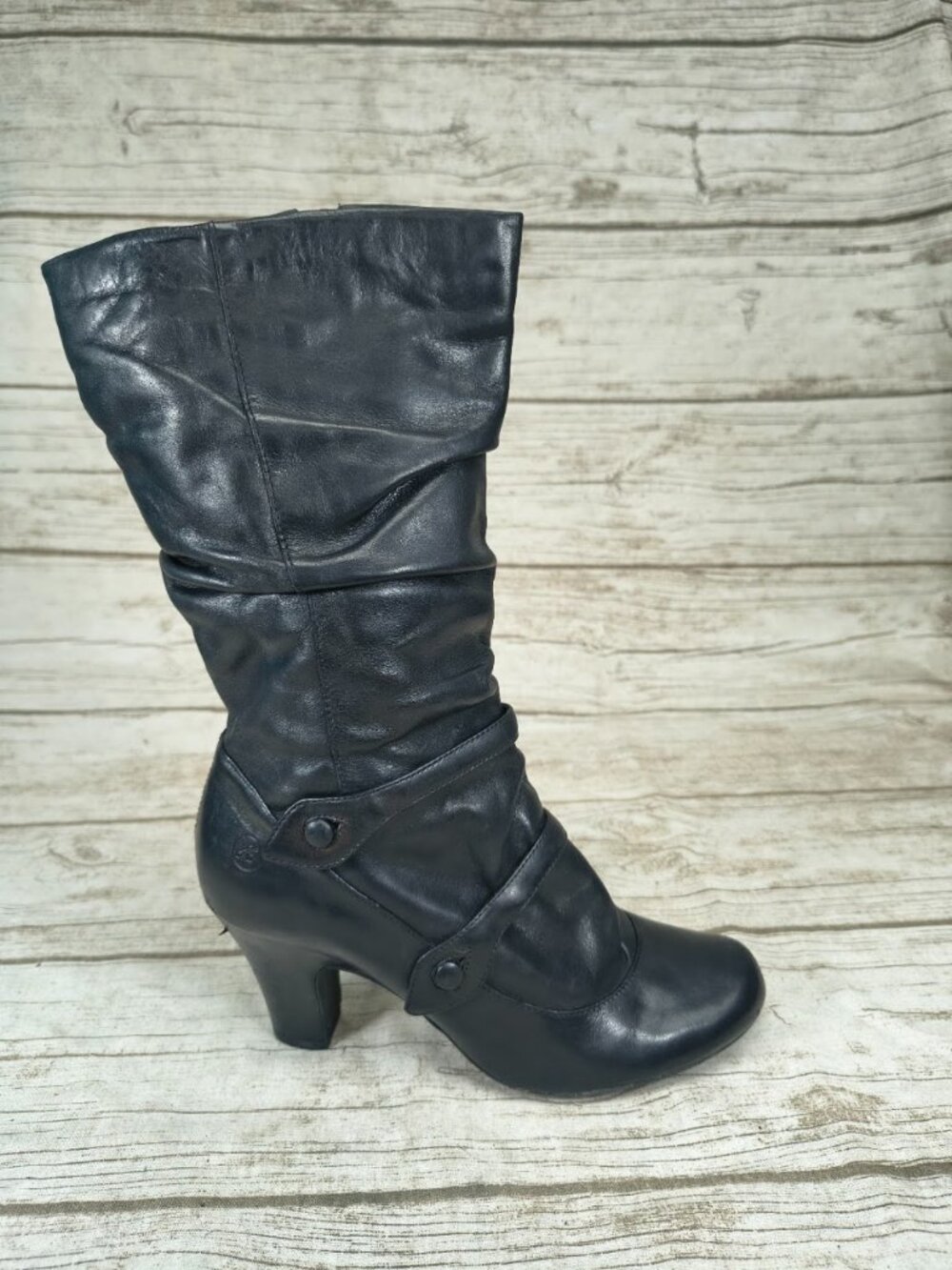 Bronx Black Leather Slouch Mid Calf Heeled Boots Size 37